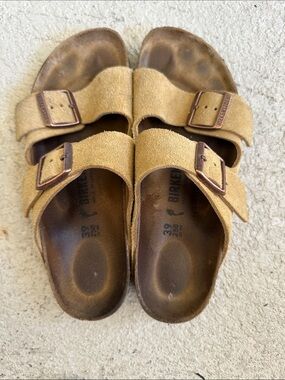Birkenstock womens Two-Buckle Suede Sandals in Tan